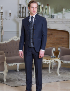 Sötétkék állógalléros öltöny díszgombolással