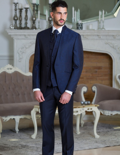 Kék állógalléros szatén öltöny mellénnyel férfi szmoking vásárlás