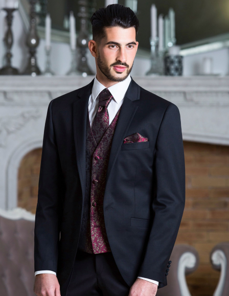 Fekete öltöny bordó szatén mellénnyel