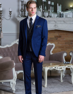 Kék öltöny kék mintás szatén mellénnyel