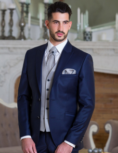 Kék öltöny kék-ezüst szatén mellénnyel