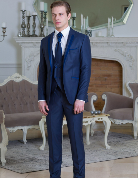 Kék öltöny mélyen kivágott mellénnyel esküvői szmoking vásárlás