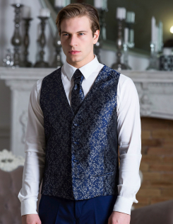 Sötétkék mintás szatén férfi esküvő mellény