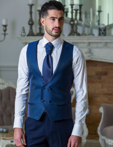 Kék duplasoros férfi esküvő mellény