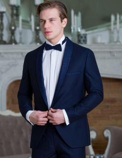 Sötétkék duplasoros szmoking kockás szaténnal 2