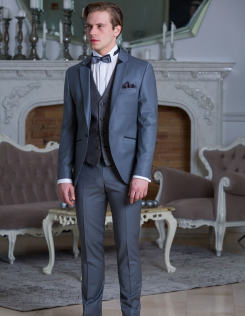 Szürke öltöny ezüst mintás szatén mellénnyel